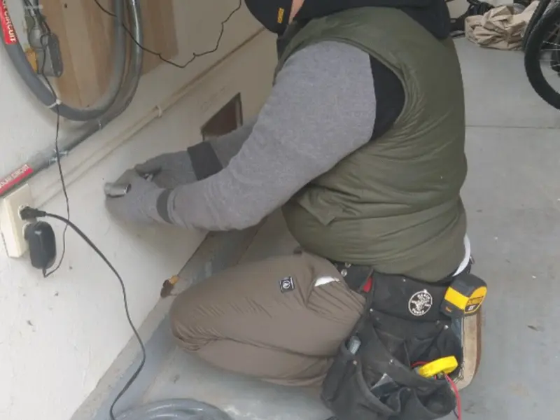 Electrician performing outlet wiring in a Plymouth garage